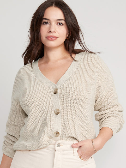 Lightweight Cotton and Linen-Blend Shaker-Stitch Cardigan Sweater for Women