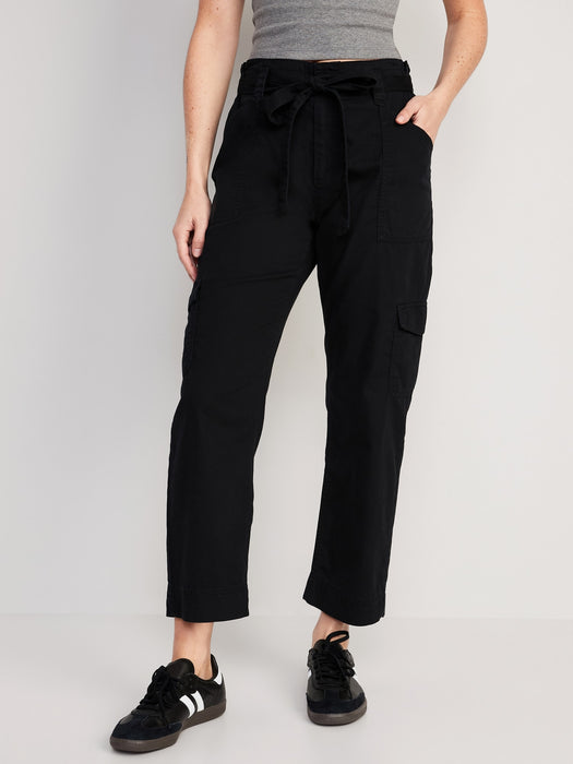 High-Waisted Tie-Belt Cargo Straight Workwear Ankle Pants for Women