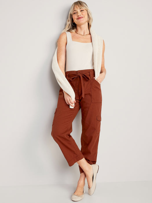 High-Waisted Tie-Belt Cargo Straight Workwear Ankle Pants for Women