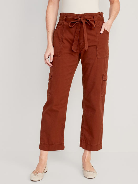 High-Waisted Tie-Belt Cargo Straight Workwear Ankle Pants for Women