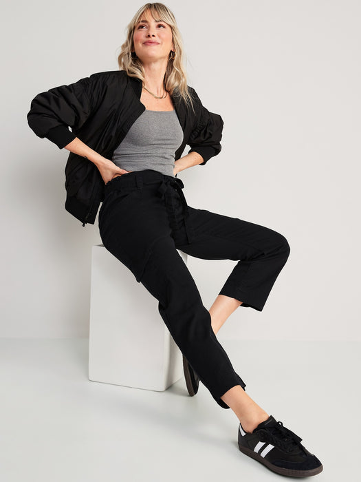 High-Waisted Tie-Belt Cargo Straight Workwear Ankle Pants for Women