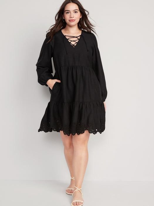 Tiered Lace-Up Mini Swing Dress for Women