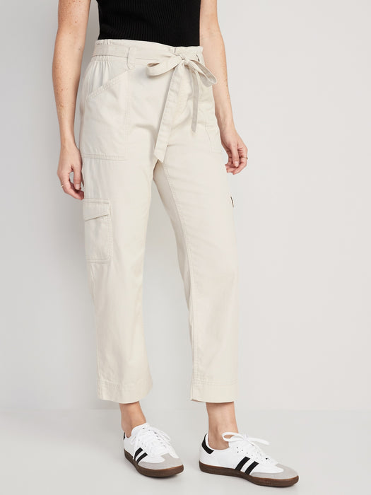 High-Waisted Tie-Belt Cargo Straight Workwear Ankle Pants for Women