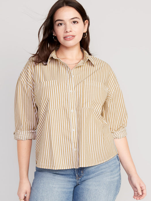 Striped Cropped Utility Boyfriend Shirt for Women