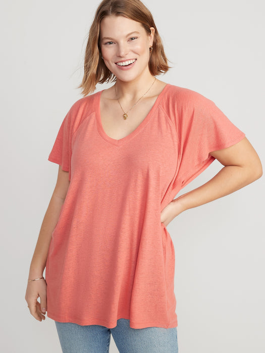 Oversized V-Neck Linen-Blend Tunic T-Shirt for Women