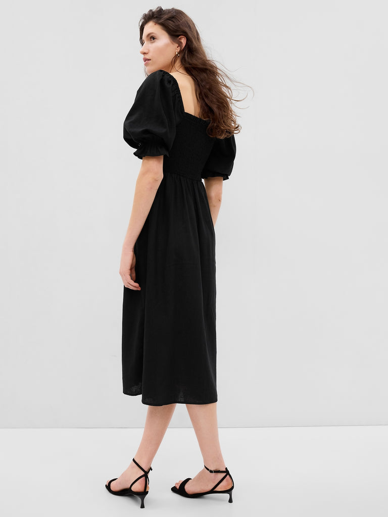 Linen-Blend Puff Sleeve Midi Dress — GAP (International)