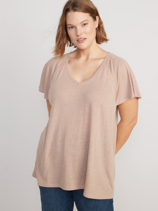 Oversized V-Neck Linen-Blend Tunic T-Shirt for Women