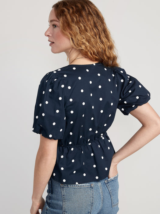 Waist-Defined Puff-Sleeve Tie-Wrap Blouse for Women