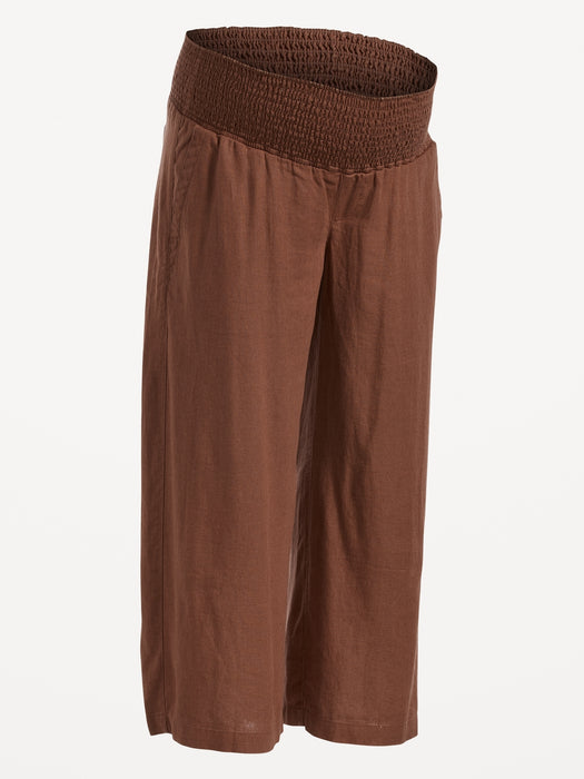 Maternity Smocked-Waist Linen-Blend Wide-Leg Pants