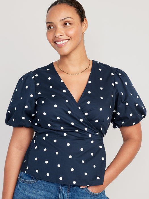 Waist-Defined Puff-Sleeve Tie-Wrap Blouse for Women