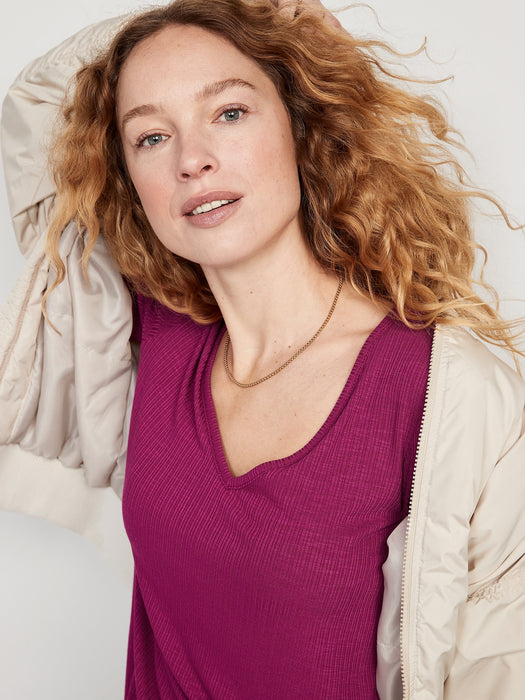 Luxe V-Neck Ribbed Slub-Knit T-Shirt for Women