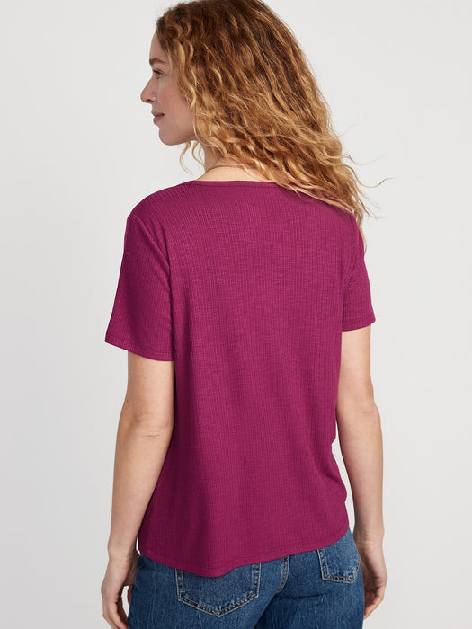 Luxe V-Neck Ribbed Slub-Knit T-Shirt for Women
