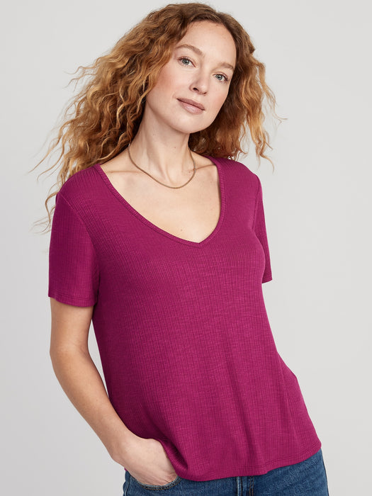 Luxe V-Neck Ribbed Slub-Knit T-Shirt for Women