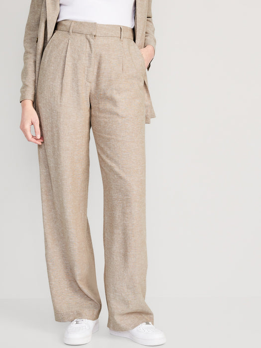 Extra High-Waisted Pleated Taylor Wide-Leg Linen-Blend Trouser Pants for Women