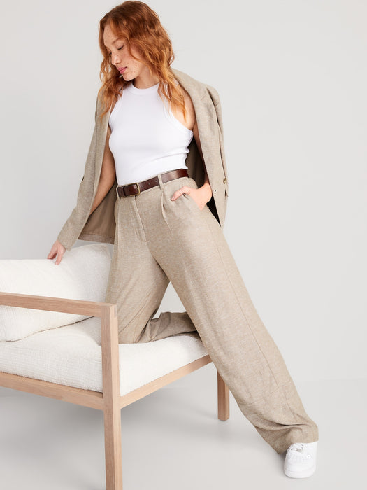 Extra High-Waisted Pleated Taylor Wide-Leg Linen-Blend Trouser Pants for Women