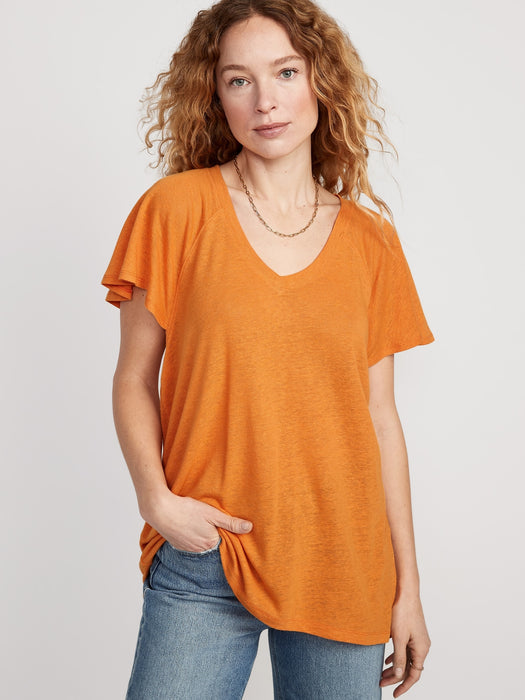Oversized V-Neck Linen-Blend Tunic T-Shirt for Women