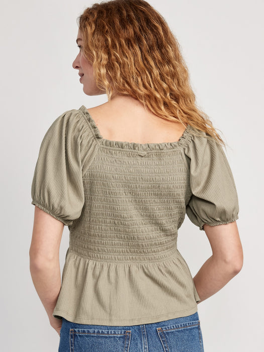 Puff-Sleeve Smocked Babydoll Blouse for Women