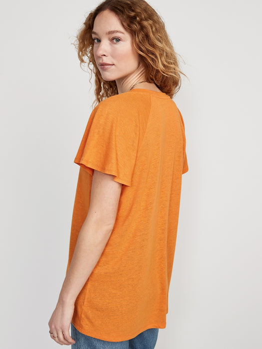 Oversized V-Neck Linen-Blend Tunic T-Shirt for Women