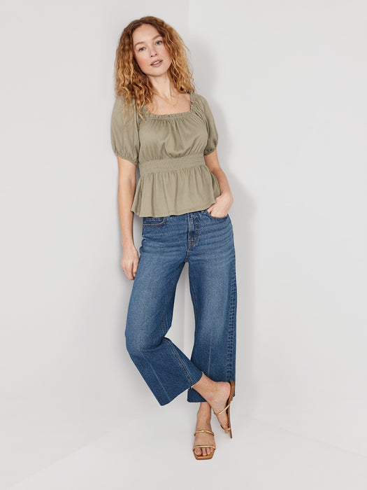 Puff-Sleeve Smocked Babydoll Blouse for Women