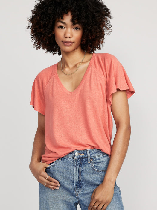 Oversized V-Neck Linen-Blend Tunic T-Shirt for Women