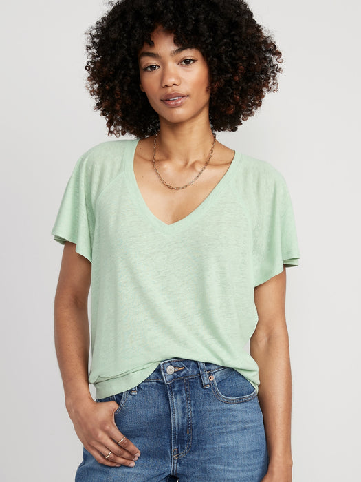 Oversized V-Neck Linen-Blend Tunic T-Shirt for Women