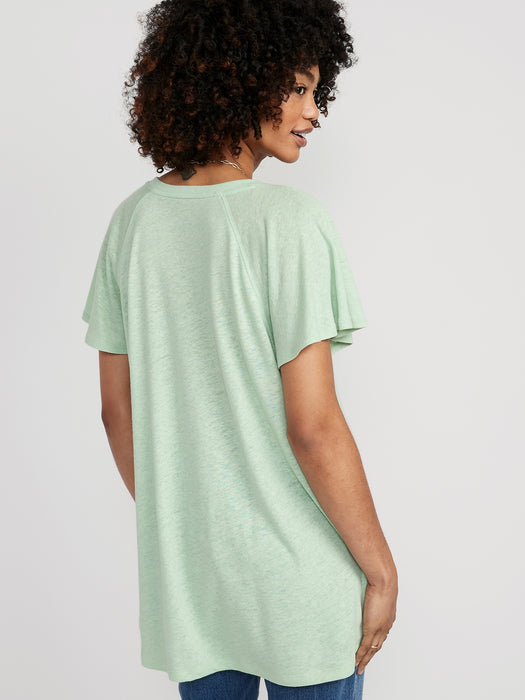 Oversized V-Neck Linen-Blend Tunic T-Shirt