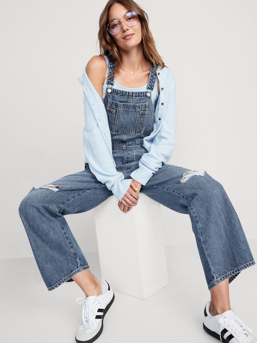 Baggy Wide-Leg Non-Stretch Ripped Jean Overalls for Women