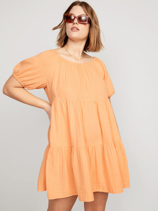 Puff-Sleeve Tiered Mini Swing Dress for Women