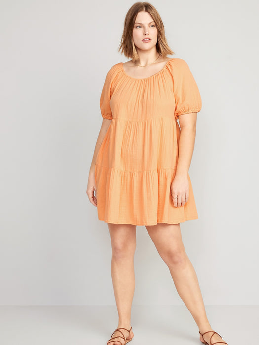 Puff-Sleeve Tiered Mini Swing Dress for Women