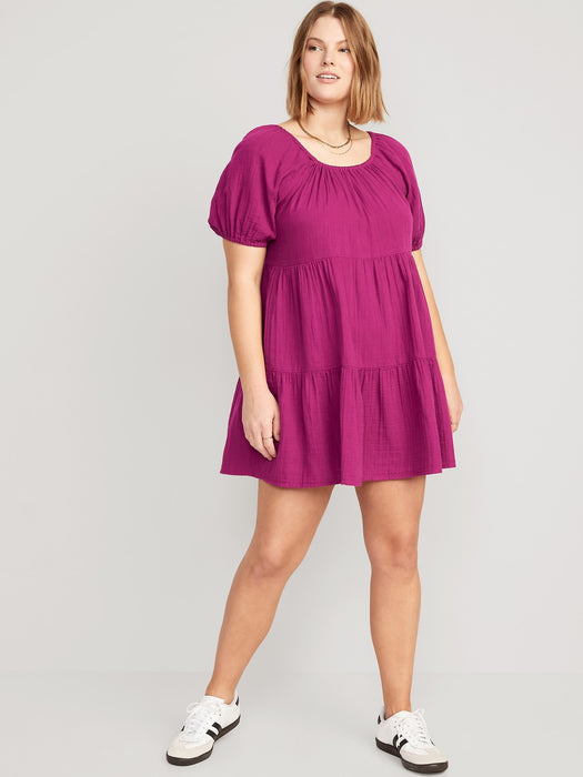 Puff-Sleeve Tiered Mini Swing Dress for Women