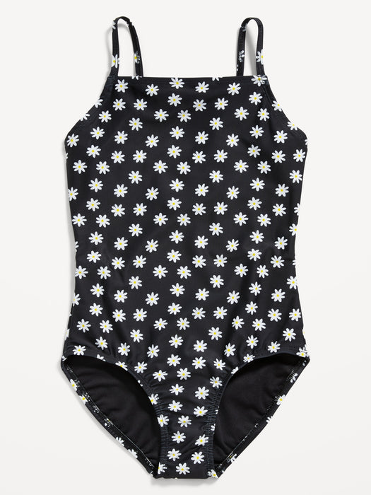 Printed Square-Neck Lattice-Back One-Piece Swimsuit for Girls