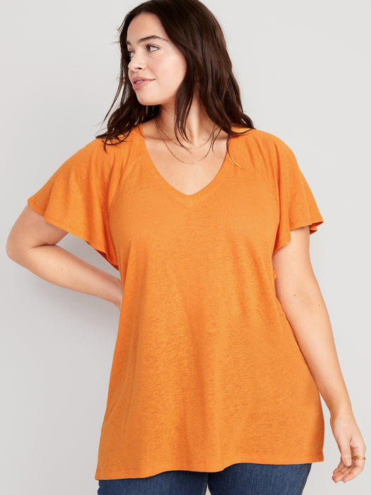Oversized V-Neck Linen-Blend Tunic T-Shirt for Women