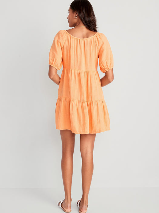 Puff-Sleeve Tiered Mini Swing Dress for Women