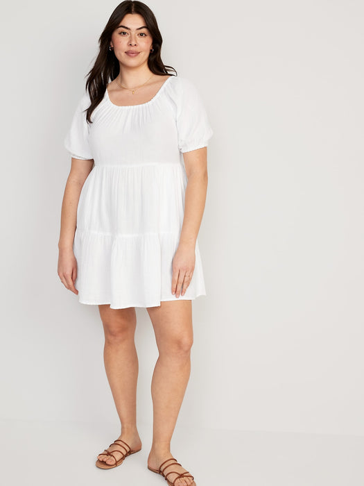 Puff-Sleeve Tiered Mini Swing Dress for Women