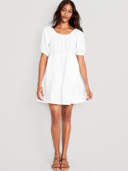 Puff-Sleeve Tiered Mini Swing Dress for Women
