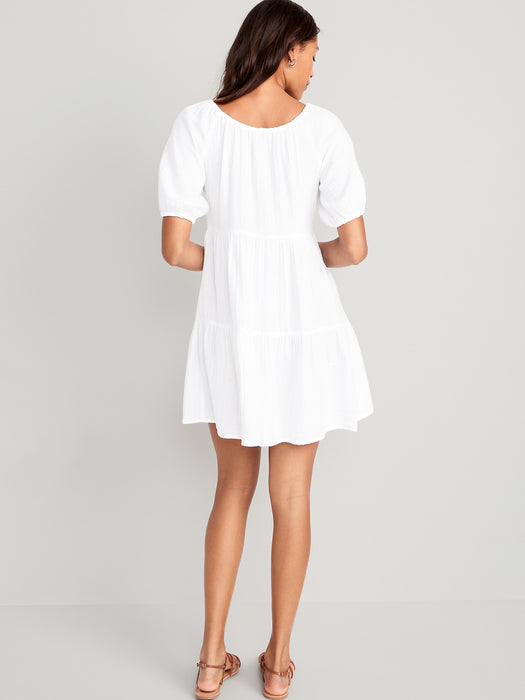 Puff-Sleeve Tiered Mini Swing Dress for Women