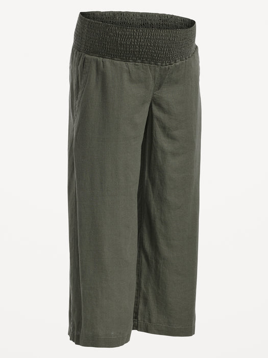 Maternity Smocked-Waist Linen-Blend Wide-Leg Pants