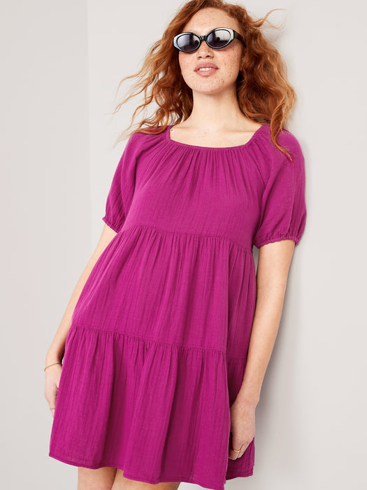 Puff-Sleeve Tiered Mini Swing Dress for Women