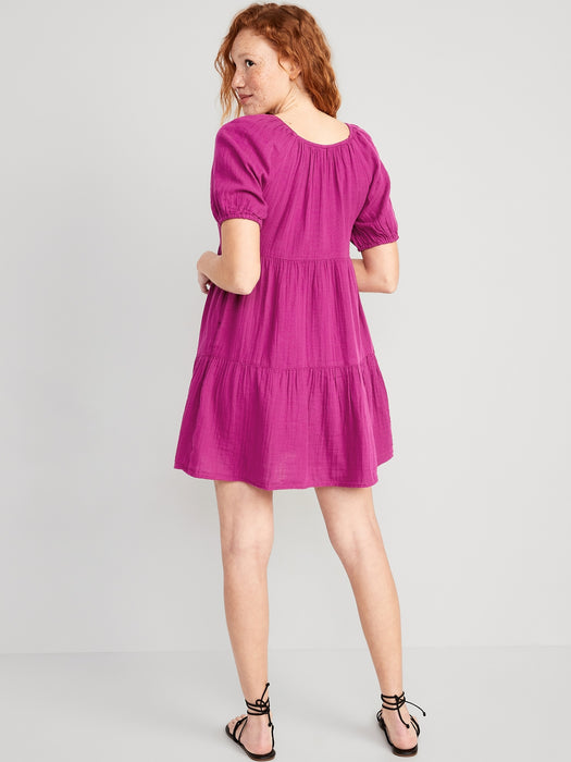 Puff-Sleeve Tiered Mini Swing Dress for Women