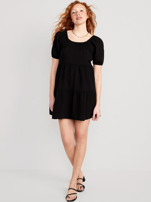 Puff-Sleeve Tiered Mini Swing Dress for Women