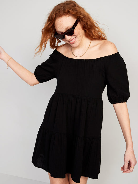 Puff-Sleeve Tiered Mini Swing Dress for Women