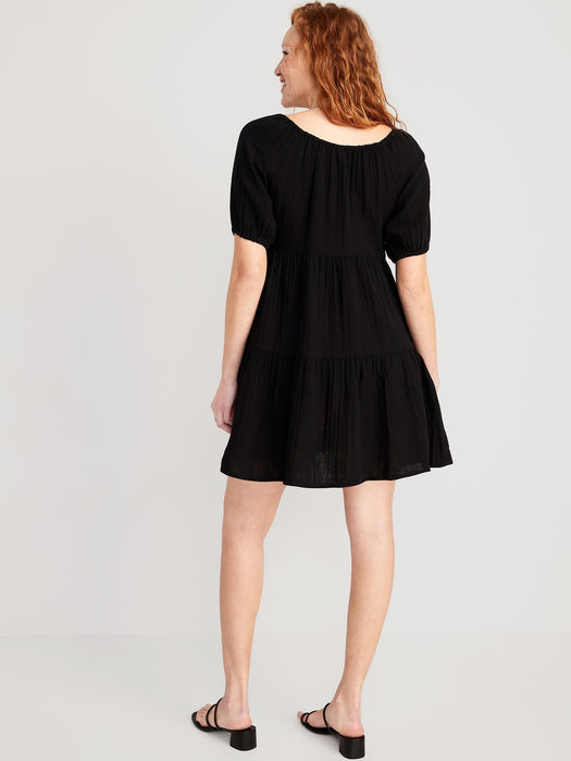 Puff-Sleeve Tiered Mini Swing Dress for Women