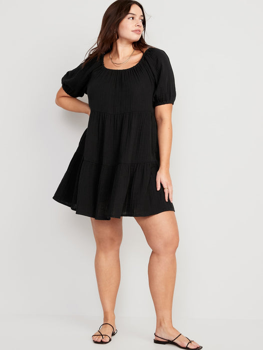 Puff-Sleeve Tiered Mini Swing Dress for Women