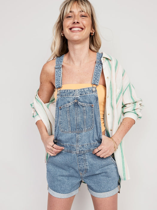Slouchy Straight Non-Stretch Jean Short Overalls for Women -- 3.5-inch inseam