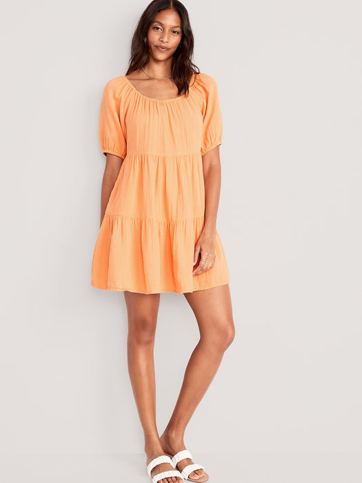 Puff-Sleeve Tiered Mini Swing Dress for Women