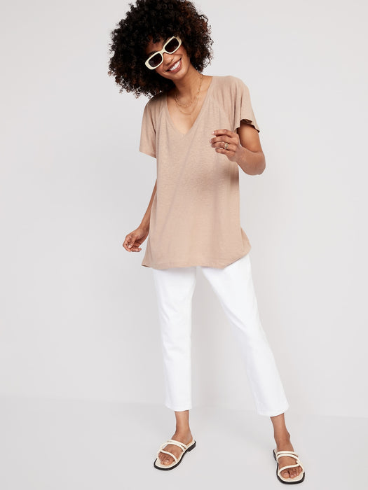 Oversized V-Neck Linen-Blend Tunic T-Shirt for Women