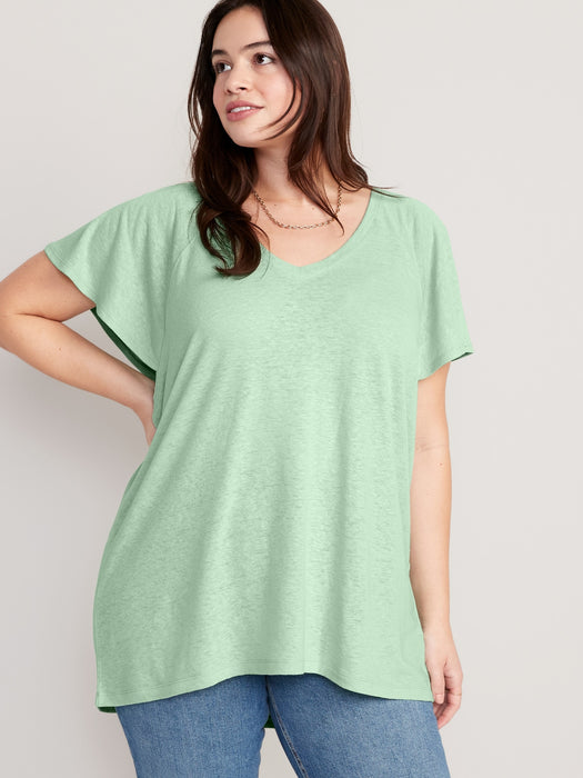 Oversized V-Neck Linen-Blend Tunic T-Shirt for Women