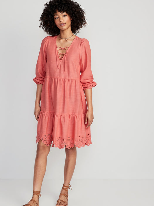 Tiered Lace-Up Mini Swing Dress for Women