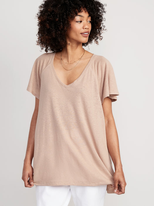 Oversized V-Neck Linen-Blend Tunic T-Shirt for Women