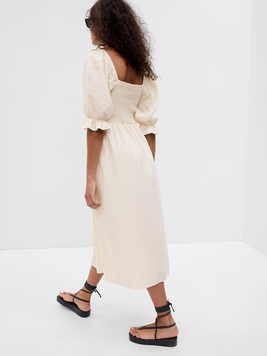 Linen-Blend Puff Sleeve Midi Dress GAP (International) Linen-Blend Puff Sleeve Midi Dress GAP (International)